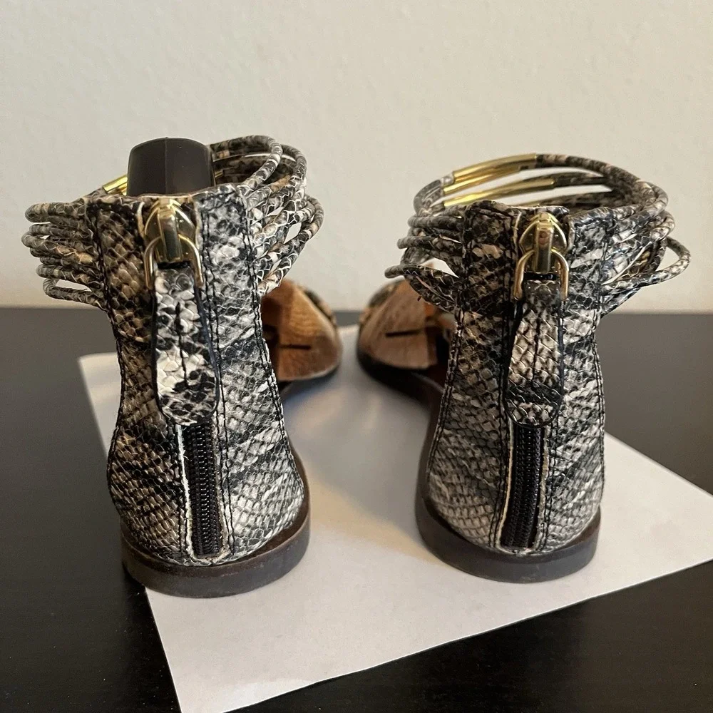 Tory Burch Mignon Rings Snake Print  Leather Sandals Ankle Strap Womens 11 Chic